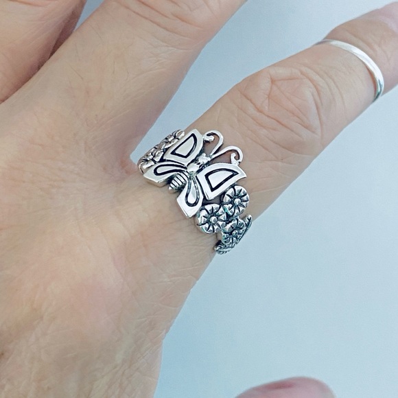Sterling Silver Statement Butterfly and Plumeria Ring, Flower Rings, Bug Jewelry - Picture 6 of 13